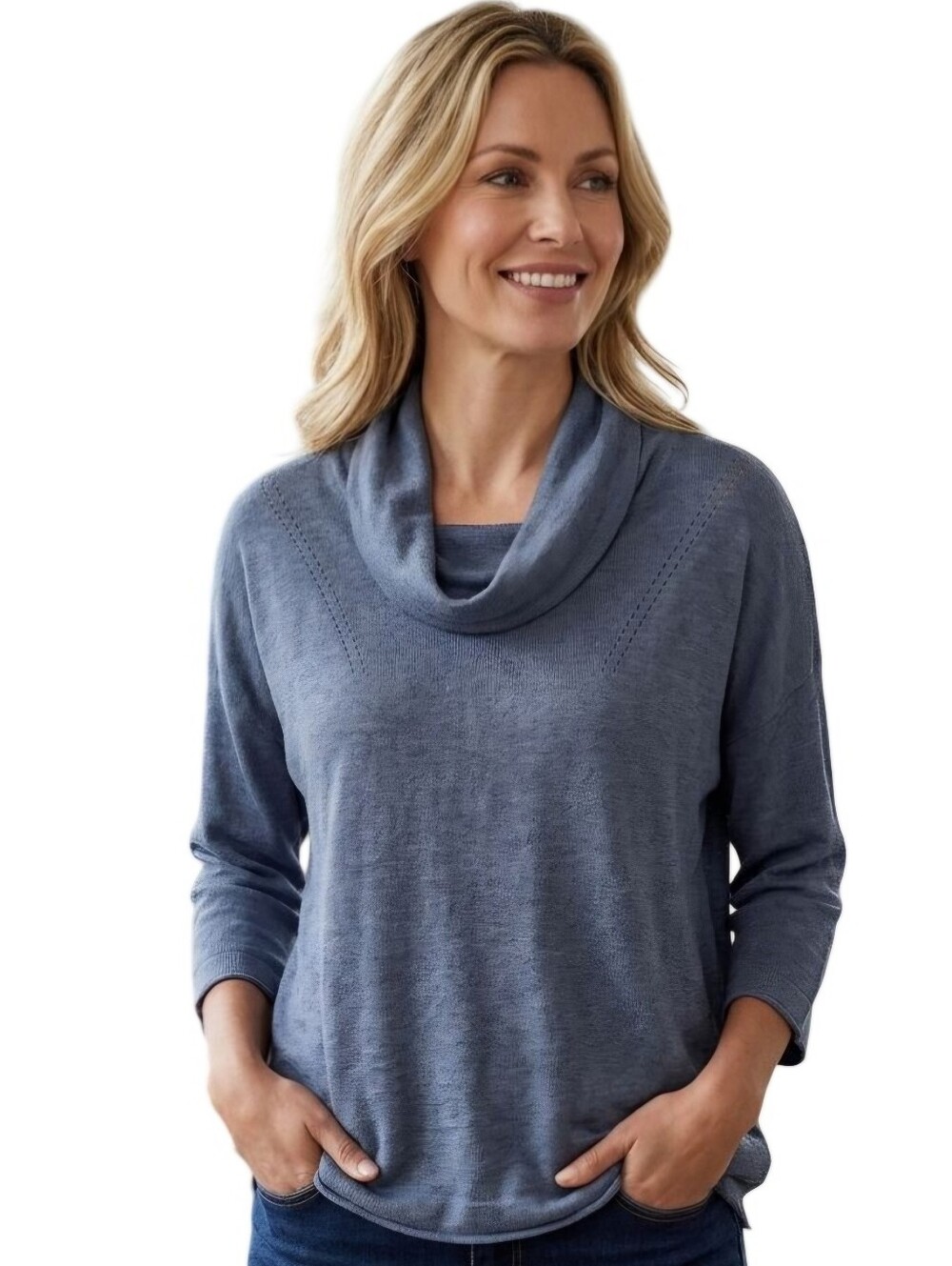 Poetry Linen Cotton Steel Blue Lightweight Cowl Neck 3/4 Sleeve Sweater Size 8
